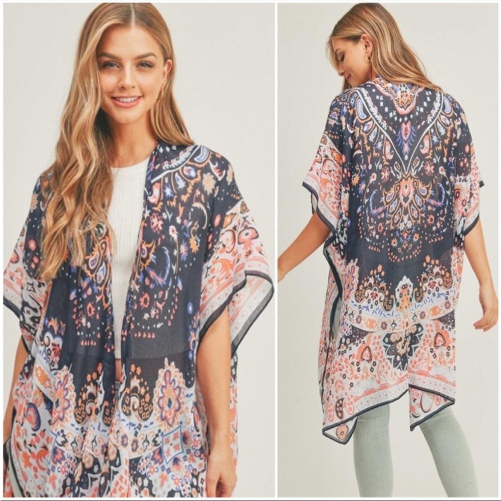 Navy Floral Boho Scarf Print Cardigan Kimono Coverup